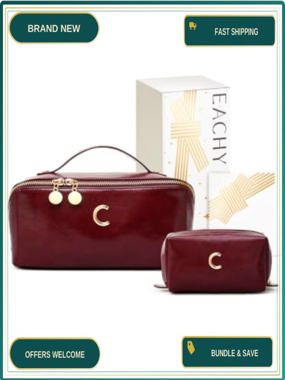 Personalized Initial Makeup Bag with Gift Box and Card - TPU Brush Organizer,